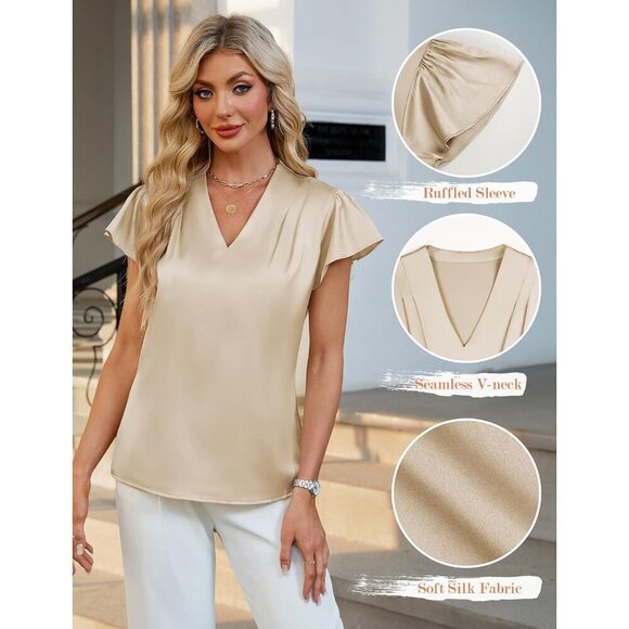 Women's Silk Blouse Ruffle Sleeve V-Neck Pleated Casual Work Top - Picture 3 of 6